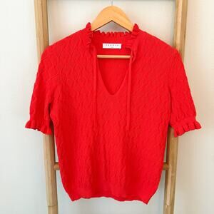 Sandro Paris Red Ruffle Neck Textured Knit Short Sleeve Top Size Small EUC